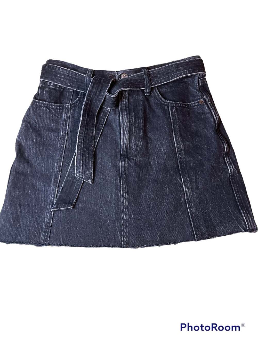 Abercrombie & Fitch Black Jean Denim Raw Hem Waist Tie Mini Skirt Size 27/4